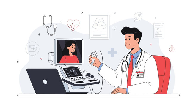 Medical Diagnosis: Doctor Performing Ultrasound Scan on Patient Using Advanced Technology