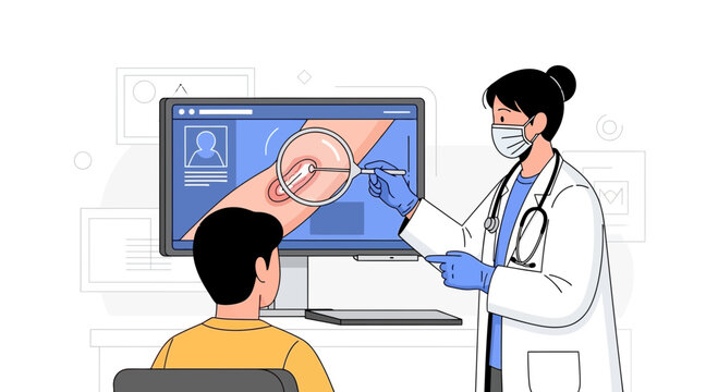 Medical Diagnosis Illustration Featuring Doctor, Patient, and Digital Examination Process