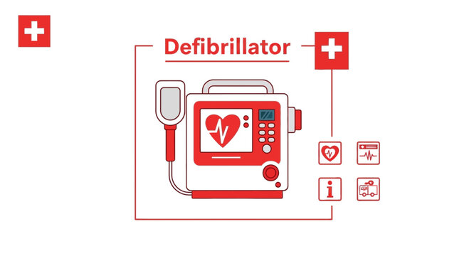 Medical Defibrillator Depicted in Red and White with Cross Symbol Isolated on White