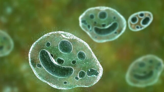 Balantidium coli trophozoites, 3D animation showing slowly rotating ciliated protozoa, illustrating parasitic infection of the large intestine.