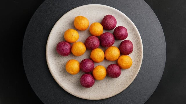 Thai deep fried sweet potato ball.Khanom khai nok kratha, is a traditional Thai dessert consisting of small deep-fried sweet potato balls, shaped to resemble quail eggs.Top view.