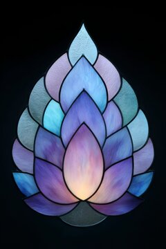 stained glass, a small flame shaped stained glass with a lotus flower pattern, in pastel colors.