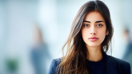 Fototapeta premium Young Latina professional portrait with soft bokeh background, showcasing confidence and approachability in a natural light setting.