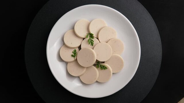 Sliced vietnamese sausage or White Pork Sausage in white plate.asian food.Top view