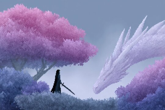 art of a knight with a sword facing a dragon in a pink and blue landscape.
