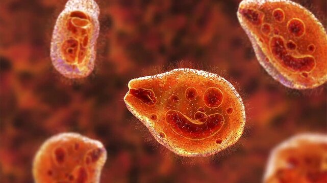 Balantidium coli trophozoites, 3D animation showing slowly rotating ciliated protozoa, illustrating parasitic infection of the large intestine.