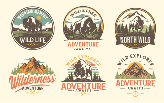 vintage retro mountain byson logo set template coloring
