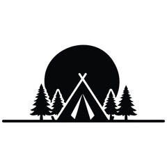 Obraz premium Camping tent with pine trees and moon vector silhouette illustration line art.