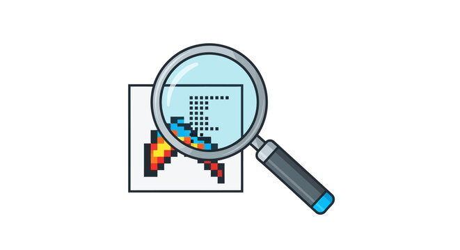 Magnifying Glass Inspecting Pixelated Graphic for Digital Quality and Image Resolution Analysis