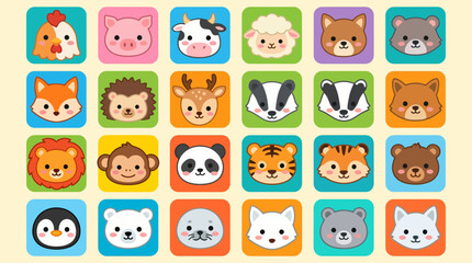 Fototapeta premium Set of cute animal head icons featuring various species in a flat vector graphic style with vibrant colorful rounded squares