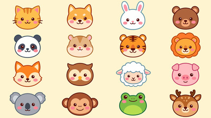 Obraz premium Vibrant vector graphic illustration featuring a collection of sixteen adorable cartoon animal faces with cute expressions and colorful flat designs