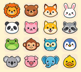 Fototapeta premium Colorful collection of cute animal faces featuring a lion bear fox rabbit panda cat dog raccoon frog monkey owl penguin