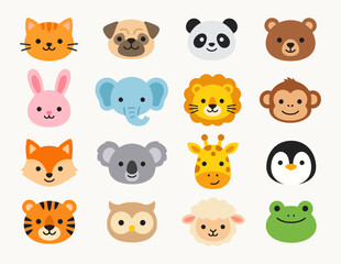 Obraz premium Colorful vector illustration set featuring sixteen adorable cartoon animal faces designed with simple shapes for modern graphic design project layouts