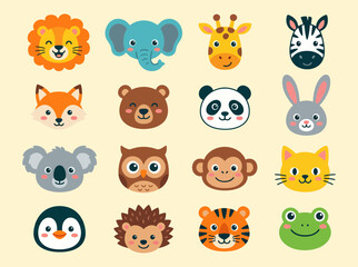 Fototapeta premium Colorful collection of cute wild animal faces designed as a flat vector illustration for kids and educational graphic creative projects