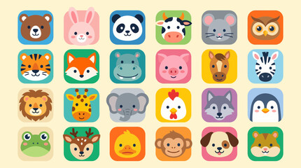 Obraz premium Colorful collection of cute animal faces designed as flat vector icons for children education apps and creative digital web projects