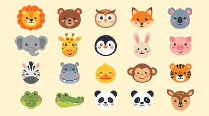 Naklejka premium Cute collection of colorful animal head icons featuring various wild creatures designed as a flat vector graphic illustration set