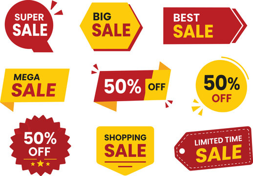 Set of colorful sale and discount banners, price tags, and labels for marketing and promotion.