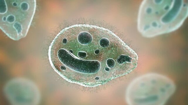 Balantidium coli trophozoites, 3D animation showing slowly rotating ciliated protozoa, illustrating parasitic infection of the large intestine.