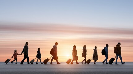 Fototapeta premium Silhouettes of men, women, and adults walk carrying suitcases and bags along an empty road at sunset