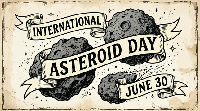Intricately detailed monochrome line art illustration featuring multiple textured cratered asteroids flying through space with elegant flowing vintage banners for the annual asteroid day.
