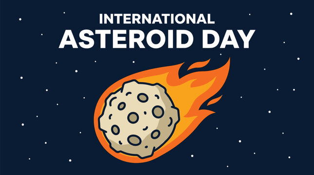 A bright cartoon asteroid with a fiery orange tail glowing intensely as it travels through the dark starry night sky during the annual international asteroid day awareness celebration event graphic.