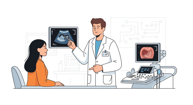 Medical Diagnostic Illustration Shows A Doctor Performing Ultrasound Analysis on A Pregnant Woman