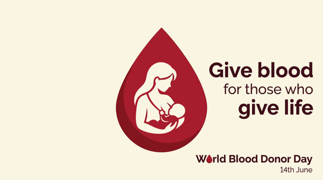 A stylized graphic red blood drop icon featuring a silhouette of a nurturing mother cradling her small infant child to represent the selfless act of donating blood for humanity today.