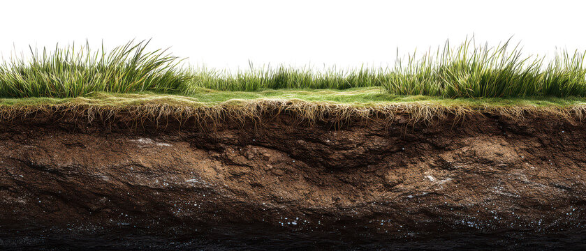 Grass and soil cross-section cutaway on black background