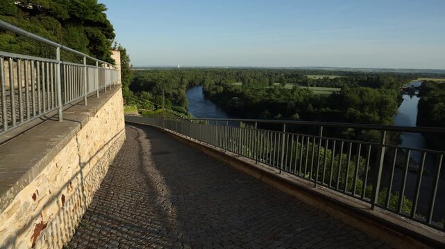 Scenic exterior view of Měln&iacute;k Castle in the Czech Republic, overlooking the confluence of the Vltava and Elbe (Labe) rivers. Historic hilltop castle surrounded by vineyards and panoramic Central Euro
