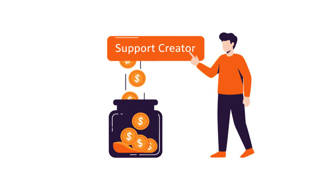 Support Creator Concept Illustration with Man Pointing to Donation Button and Money Jar - Flat Vector Design for Online Crowdfunding and Content Monetization