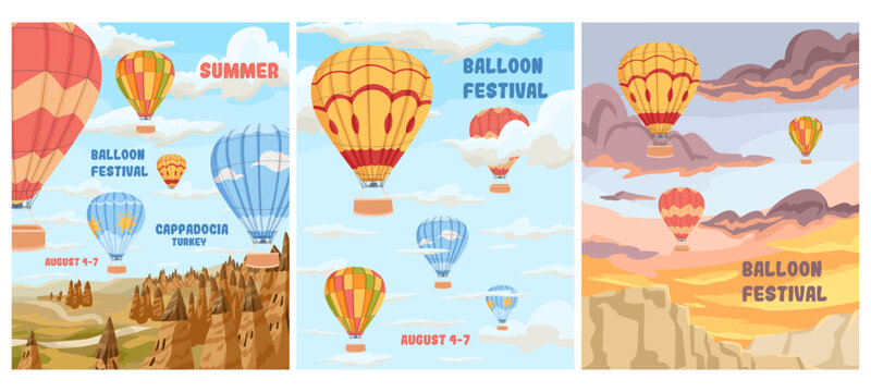 Hot air balloon festival poster collection with balloons over famous travel destinations. Cartoon hand drawn vector illustration set for tourism advertising, aviation events and vacation promotions