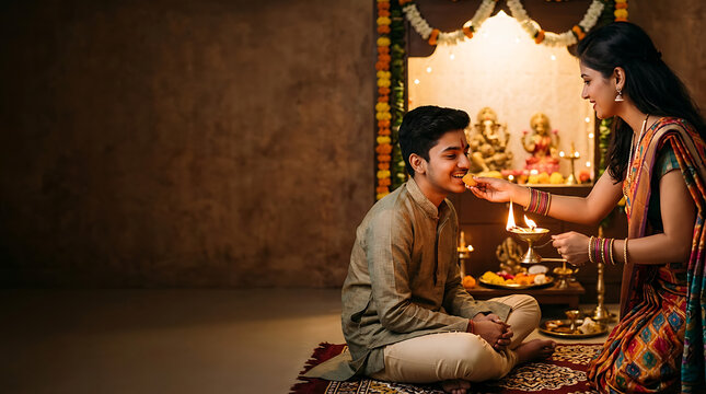 Indian siblings celebrating a traditional religious festival at home