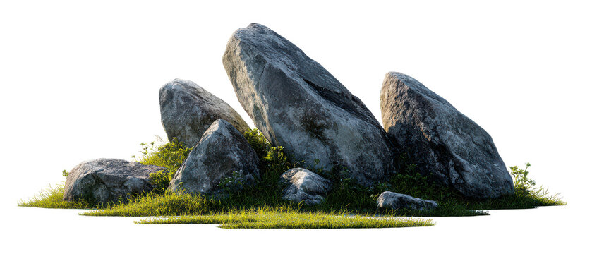 Rock boulders with grass and moss isolated on transparent