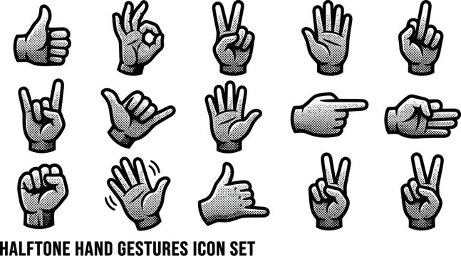Halftone hand gestures icon set in black and white for communication and expression