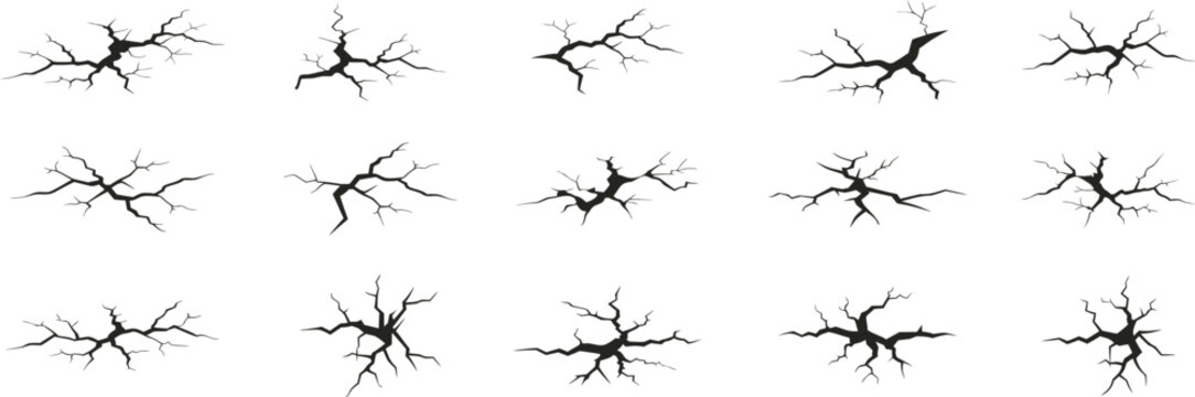 Cracked ground fissure collection isolated on white background. Detailed fracture and earthquake split elements for design projects. Vector style crack set useful for damage effects and textures.