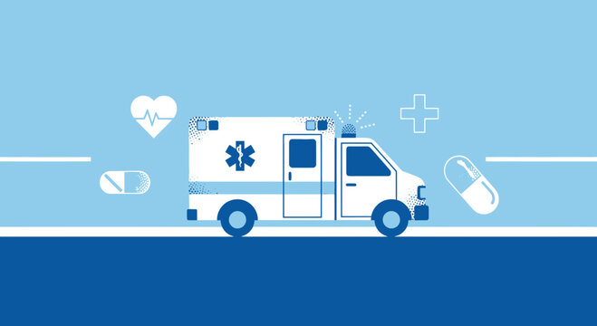 Medical Emblem on Blue Backdrop with Ambulance, Healthcare and Pills