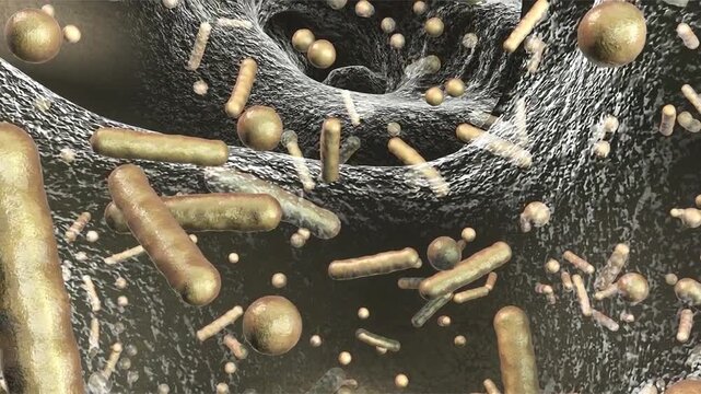 Rod-shaped bacteria inside biofilm, 3D animation showing bacilli embedded in extracellular matrix, illustrating microbial persistence and antibiotic resistance.