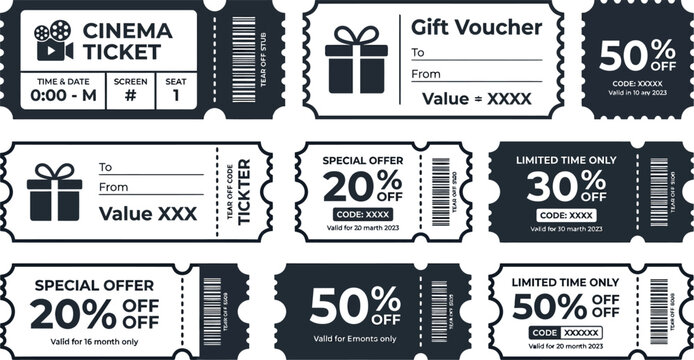 Collection of various discount coupons and gift vouchers in black and white