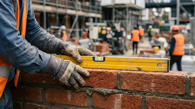 Construction worker using a yellow spirit level to check the alignment of red bricks on a busy building site project