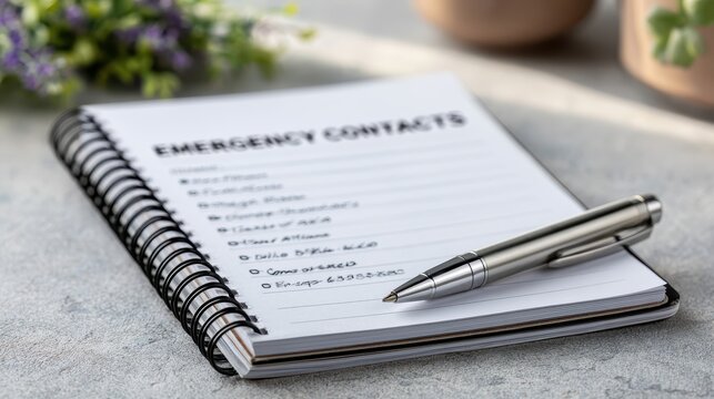 A notebook with handwritten emergency contacts is resting on a surface next to a pen, ideal for daily reference and safety