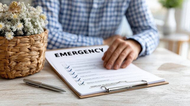 An adult's hands complete an emergency checklist, ticking off items with a silver pen on a wooden table