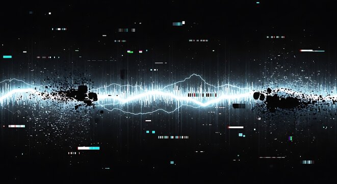 Abstract digital glitch background with glowing electric wave and particle noise effect