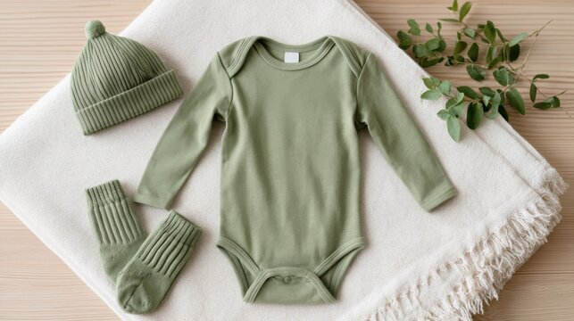 Baby clothing set featuring a long-sleeve onesie, matching hat, and socks in soft green color arranged on a cozy blanket with decorative leaves nearby