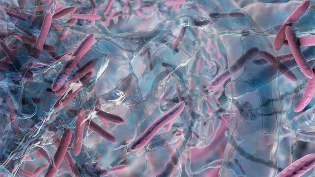 Mycobacterium tuberculosis bacteria within biofilm, 3D animation showing rod-shaped cells embedded in extracellular matrix, illustrating chronic infection and persistence.