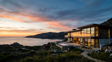 Fototapeta premium Modern luxury villa on a coastal cliff at sunset