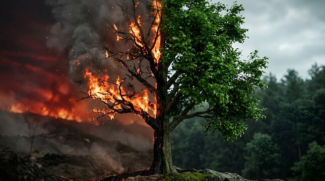 El Nino - Climate Change Concept with Half Burning Tree and Half Green Foliage, Environmental Crisis and Nature Survival