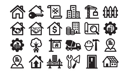 Fototapeta premium Set of real estate and construction industry icons with construction, building