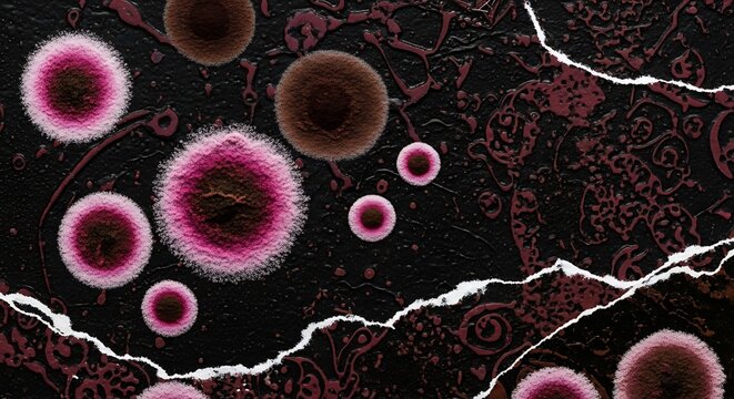 Abstract macro photography of colorful mold colonies and fungal growth on a dark textured surface with torn paper edges