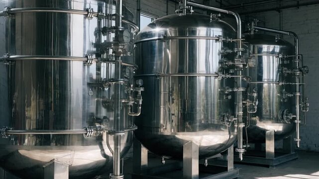 Medium shot showcasing jacketed stainless steel tanks with external circulation systems demonstrating advanced fabrication techniques for controlled heating and cooling