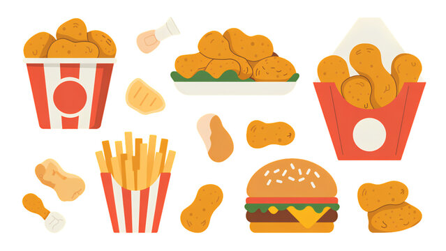 Colorful set of fast food items including hamburger, fries, and chicken nuggets in a flat style